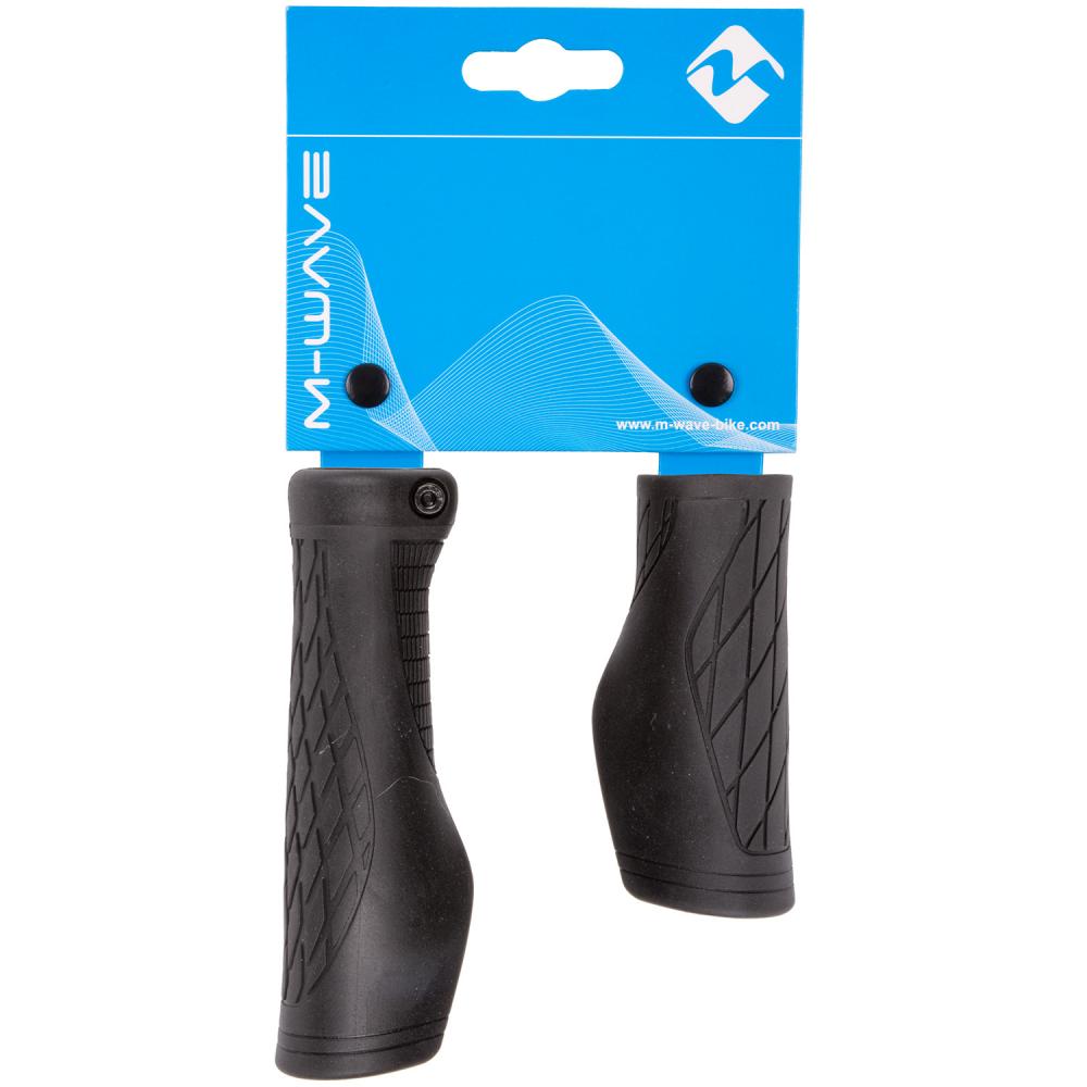 M-WAVE CLOUD ERGO FIX Fahrradgriffe schwarz, ergonomisch, im Paar auf blauer Verpackung.