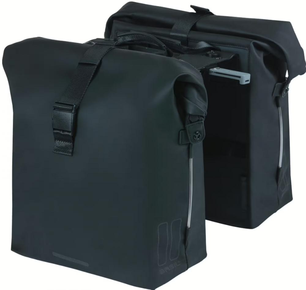 Schwarze BASIL SoHo Nordlicht MIK 2.0 Doppeltasche, 41L, wasserdicht, LED, MIK-Adapterplatte, Rollverschluss.