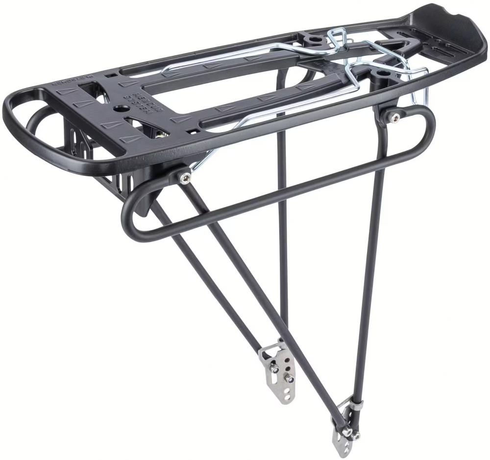 Pletscher Gepäckträger Mercur System 26-28 Zoll - verstellbarer Aluminium-Gepäckträger mit 3-Punkt-Taschenaufnahme, Federklappe, Edelstahlplatten, Pumpenhalter, schwarz, bis 25 kg Tragkraft
