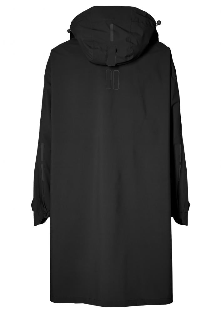 Basil Mosse Regenponcho Unisex Gr. M/L, jet black, Rückenansicht, wasserdicht, atmungsaktiv, Kapuze, reflektierend.