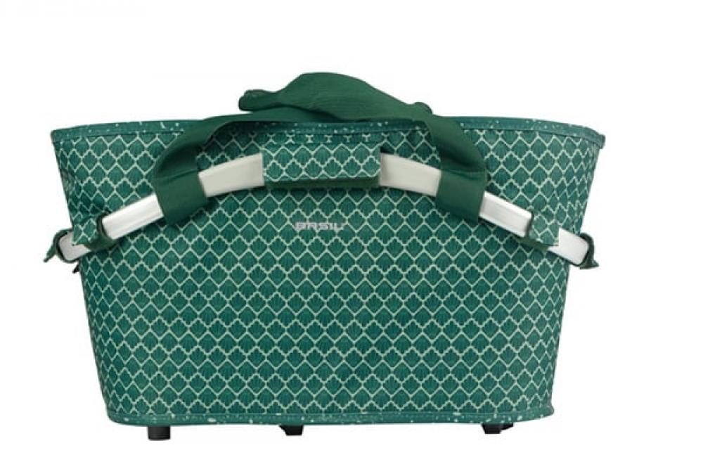 Grüner Basil Flair Carry All M IK Hinterradkorb mit weißem Rautenmuster, Tragegriffen und Basil Logo.