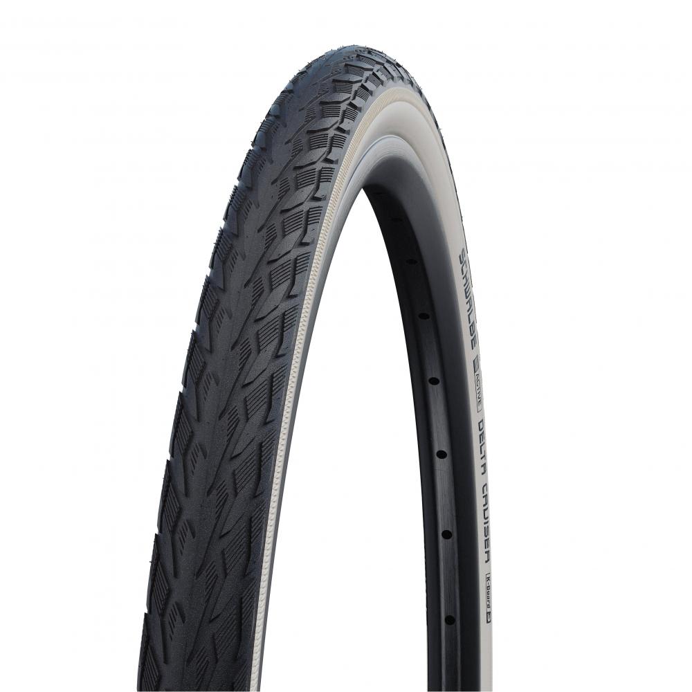 Schwalbe Delta Cruiser 26 Zoll Drahtreifen mit Pannenschutz, Reflexstreifen und cremefarbener Seitenwand.