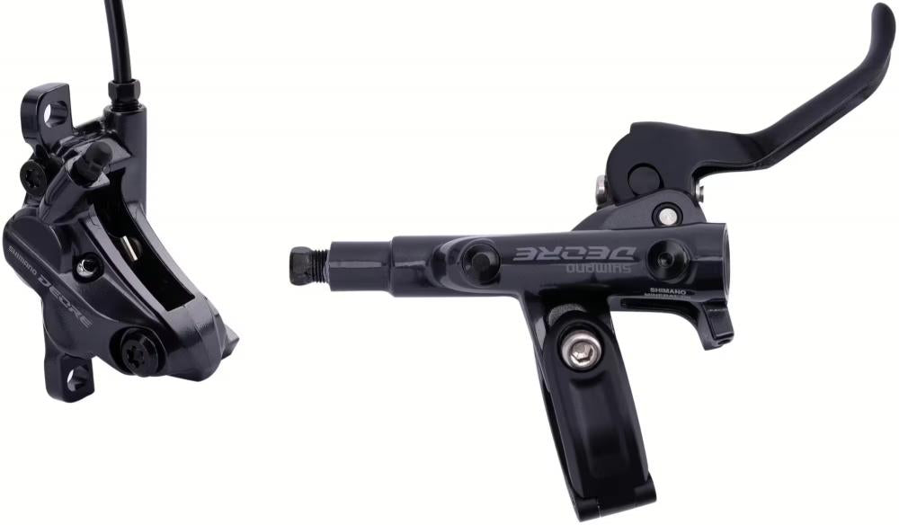 Shimano Deore M6100/6120 hydraulische Hinterrad-Scheibenbremse schwarz, bestehend aus Bremshebel und Bremssattel.