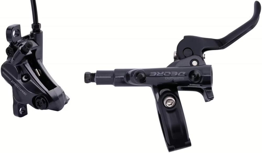 Shimano Deore M6100/6120 hydraulische Hinterrad-Scheibenbremse schwarz, bestehend aus Bremshebel und Bremssattel.