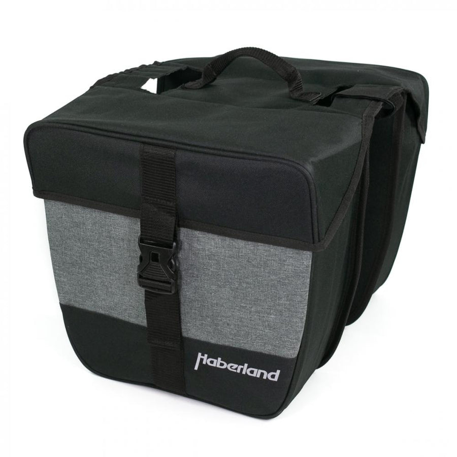 Haberland Doppeltasche 25l schwarz/silber für Gepäckträger, Alltag & Tour, mit Schnalle & Tragegriff.