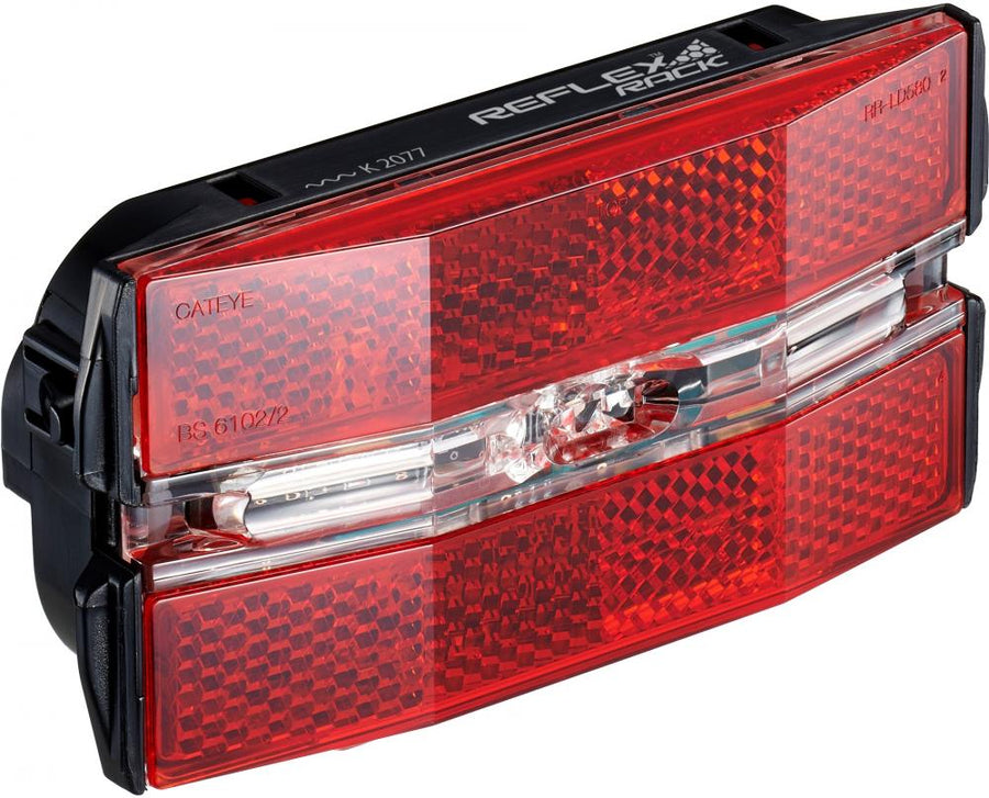 CATEYE Rücklicht Reflex Rack Standardgröße schwarz - helles Gepäckträger-Rücklicht mit 360° Sichtbarkeit