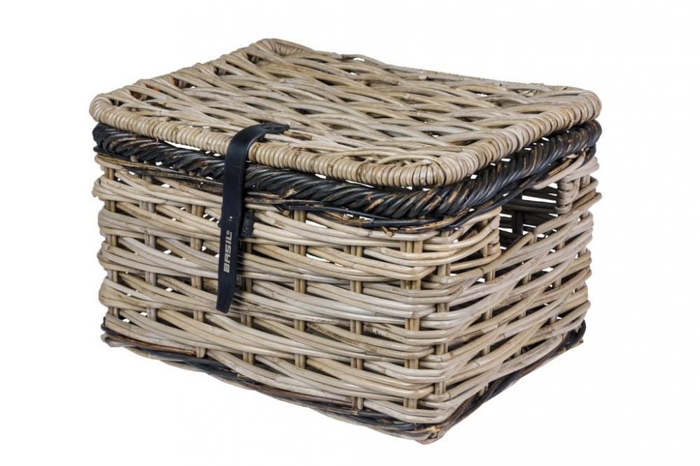 Basil Dijon L Vorderradkorb - Rattan, grau/schwarz, grobmaschig, mit Deckel