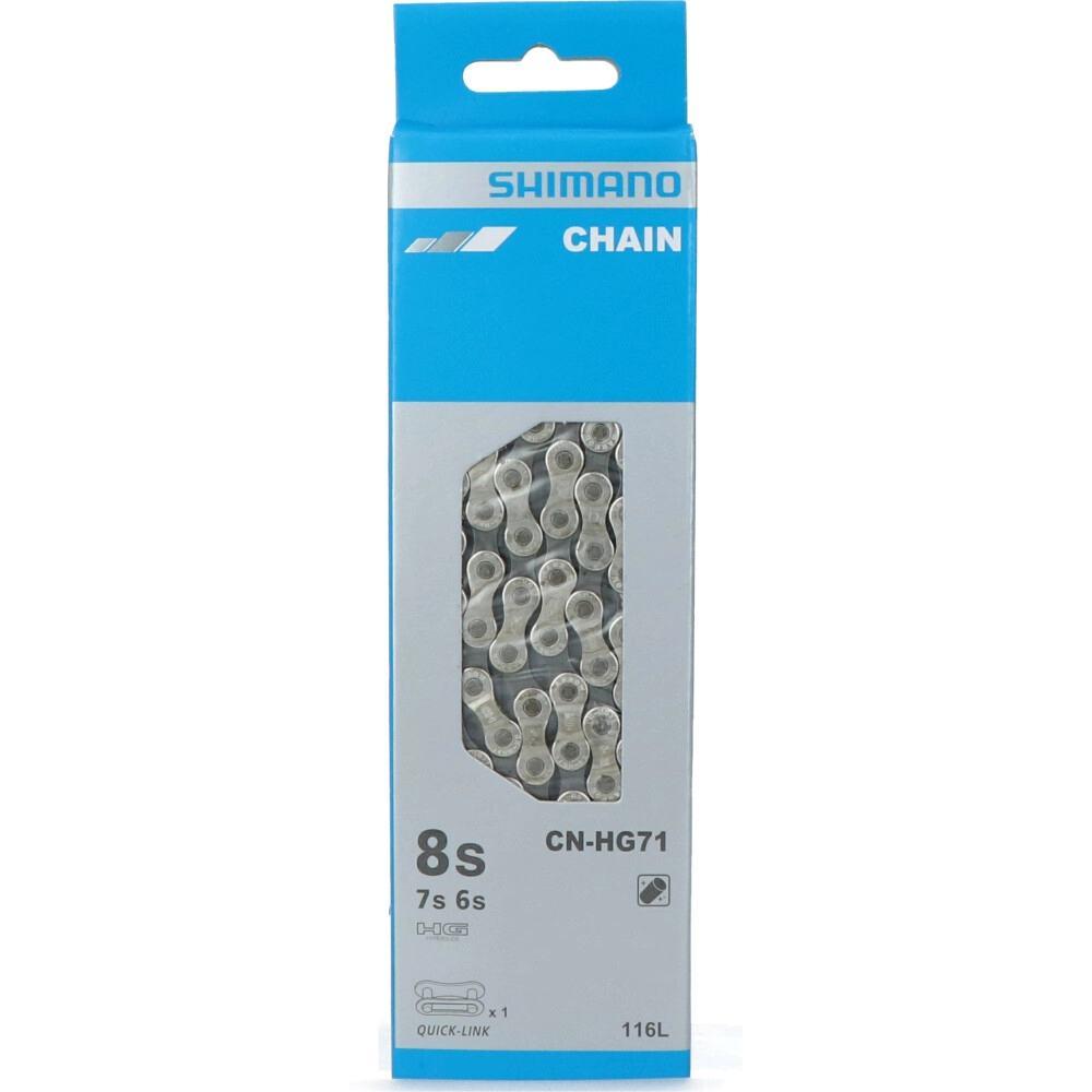 Shimano Kette CN-HG71 für 6-, 7- und 8-fach Schaltungen, 116 Glieder, in blauer Originalverpackung mit Sichtfenster.