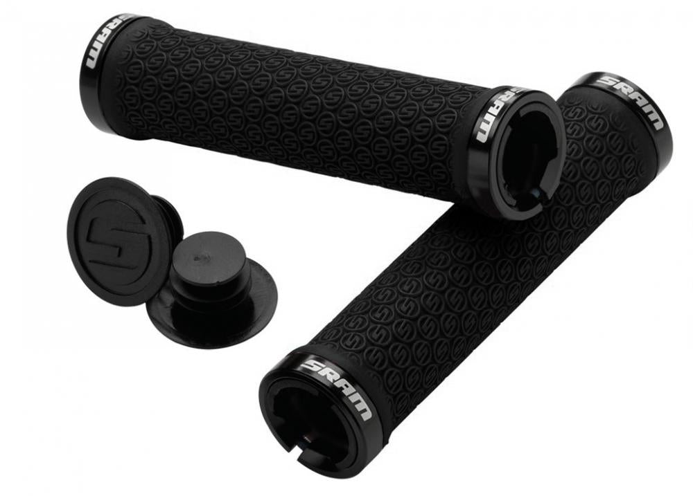 Schwarze SRAM MTB Lockring Griffe mit Logo-Profil und beidseitiger Klemmung inklusive Lenkerendstopfen.