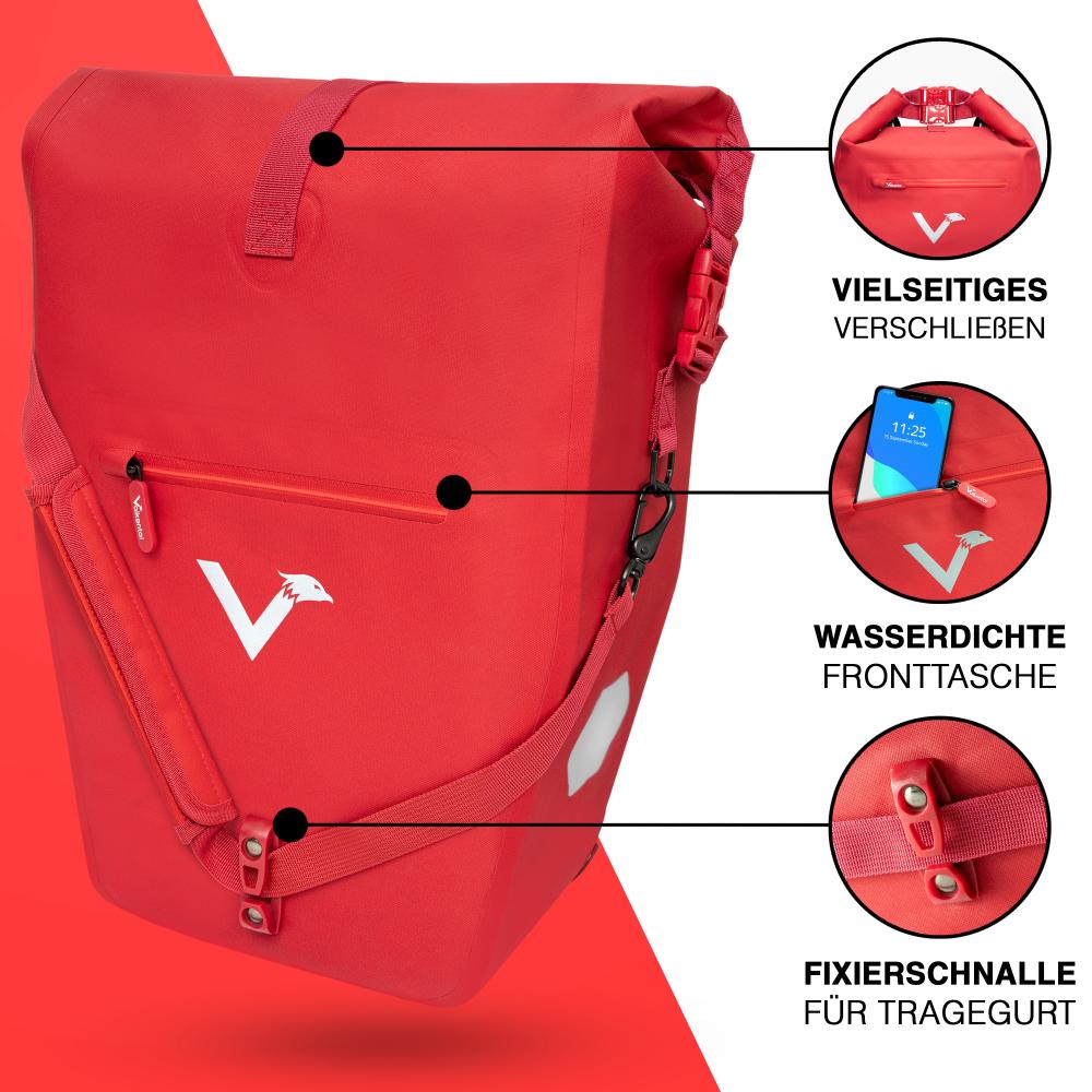 Valkental ValkOcean Koralle Fahrrad-Gepäckträgertasche, wasserdicht, mit Fronttasche und vielseitigem Rollverschluss.