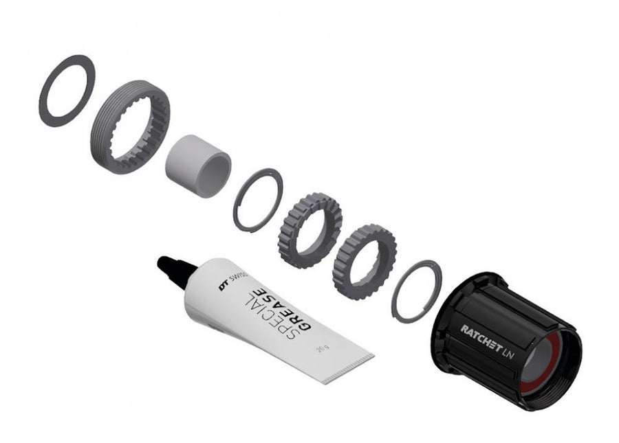 DT Swiss Ratchet LN 18 Zähne Service-Kit mit Freilauf, Ratschen, Scheiben und Spezialfett zur Umrüstung auf Ratchet System.