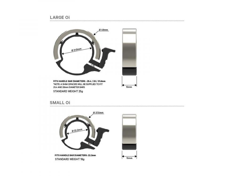 Knog Oi Classic Fahrradklingel klein 22.2mm: Technische Maße, Durchmesser und Lenkerpassform-Details.