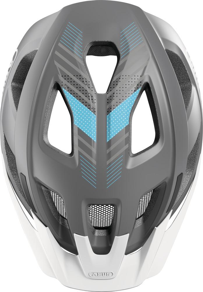 Abus Fahrradhelm Aduro 3.0 race gray (58-62cm). Grauer Helm mit blauen Mustern, Belüftung und weißem Visier.