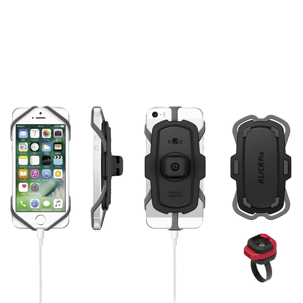 KlickFix PhonePad Quad Mini Smartphonehalterung für Fahrrad. Halterung mit iPhone in verschiedenen Ansichten und separater Ad