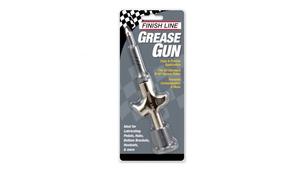 Finish Line Fettpresse Grease Gun - lange Ergo-Spitze, Einhandbedienung, kompatibel mit 3,5oz & 2oz Tuben, präzise Schmierung für Naben, Pedale, Tretlager