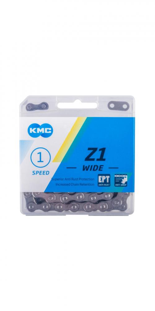 KMC Z1 Wide EPT Singlespeed Fahrradkette mit 112 Gliedern und Antirost-Beschichtung in klarer Verpackung.