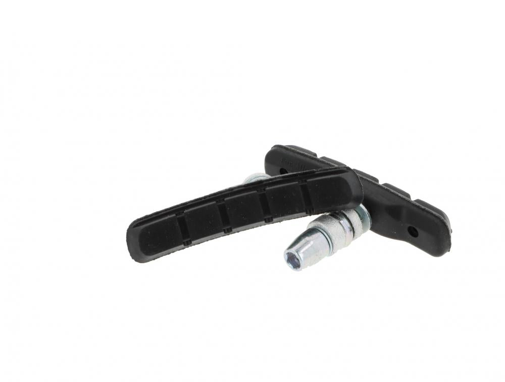 Zwei schwarze Promax V-Brake Felgenbremsschuhe 70 mm für Alufelgen inklusive Montagematerial.