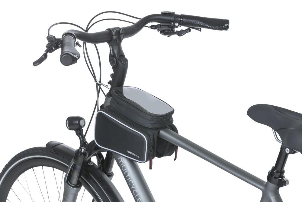 Basil Sport Design Oberrohr-Rahmentasche doppelt - 1,5 Liter, wasserabweisend, Klettbefestigung, Smartphonefach, schwarz