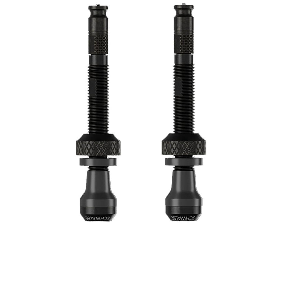 Schwalbe Tubeless Clik Valve SCV 40mm: Zwei schwarze Tubeless-Ventile für komfortables Aufpumpen von Fahrradreifen.