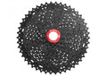 Schwarze SunRace Kassette CSMX8 EAZ 11-fach Fluid Drive Plus 11-46 Zähne mit rotem Lockring.
