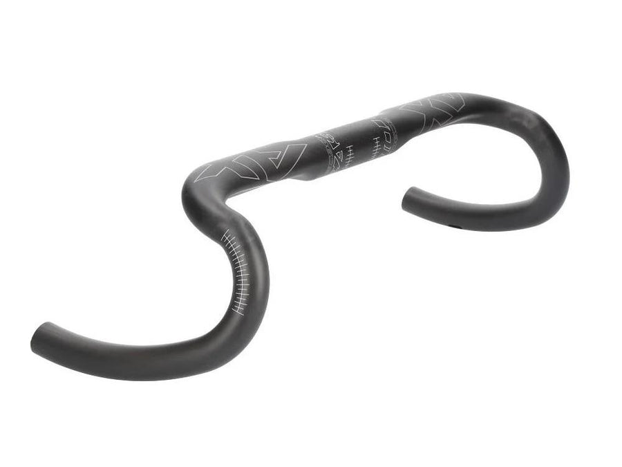 Leichter, schwarzer Easton EC90 AX Di2 Carbon Drop Lenker mit Logos für Gravel und Rennrad.