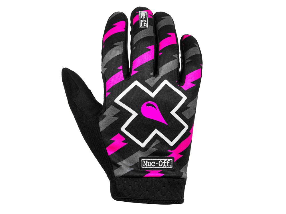 Muc-Off MTB Handschuhe Bolt L mit pinkem Blitz-Muster und großem Logo auf dem Handrücken.