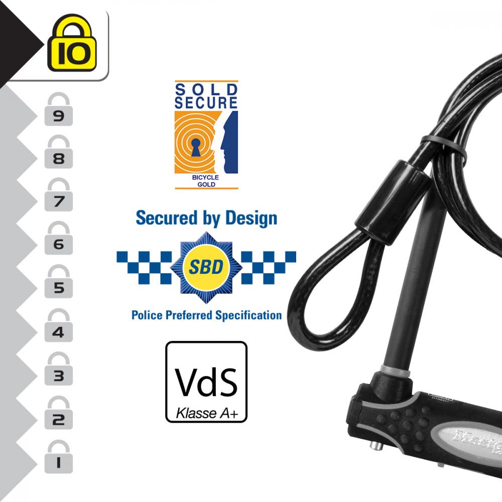 Master Lock Bügelschloss 8274 Schwarz 13 mm - VdS A+ Fahrradschloss mit Zusatzkabel