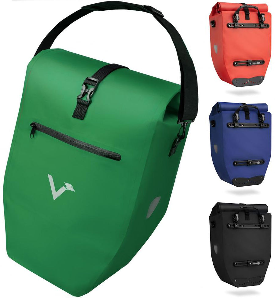 Valkental Gepäckträgertasche ValkBasic grün 28L, wasserdicht, mit Schultergurt, Reißverschluss & Reflektoren.