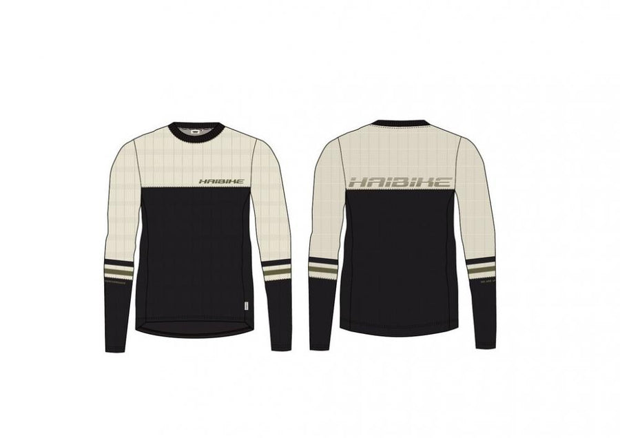 Langarm Freeride Shirt Haibike Hochries Gr. M, schwarz/beige mit olive Streifen, Vorder- & Rückseite.