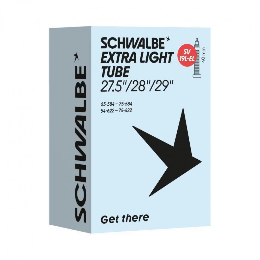 Schwalbe SV19L EXTRA LIGHT Fahrradschlauch für 27.5-29 Zoll mit SV 40mm Ventil auf Verpackung.
