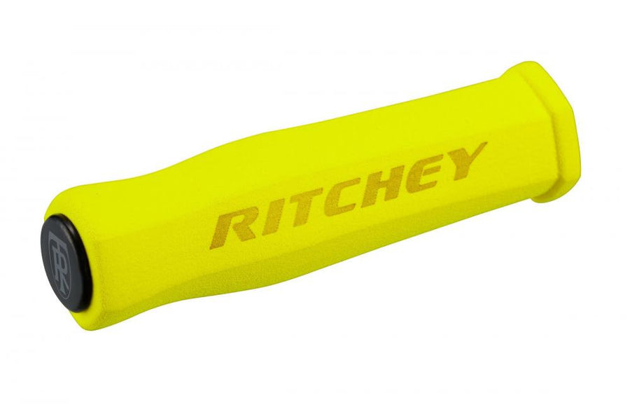 Ritchey WCS Truegrip Fahrradgriff in leuchtendem Gelb, 130mm, mit schwarzer Endkappe und Ritchey-Logo.