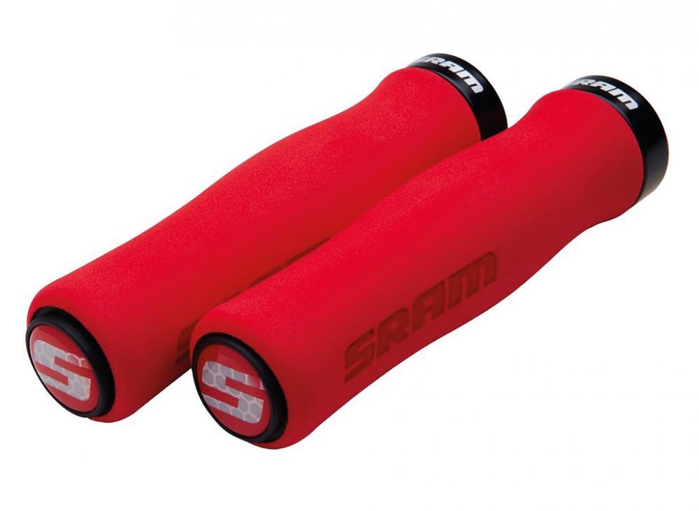 SRAM Contour Lockring Griffe in Rot: Ergonomische Fahrrad-Schraubgriffe mit S-Logo für sicheren Halt.