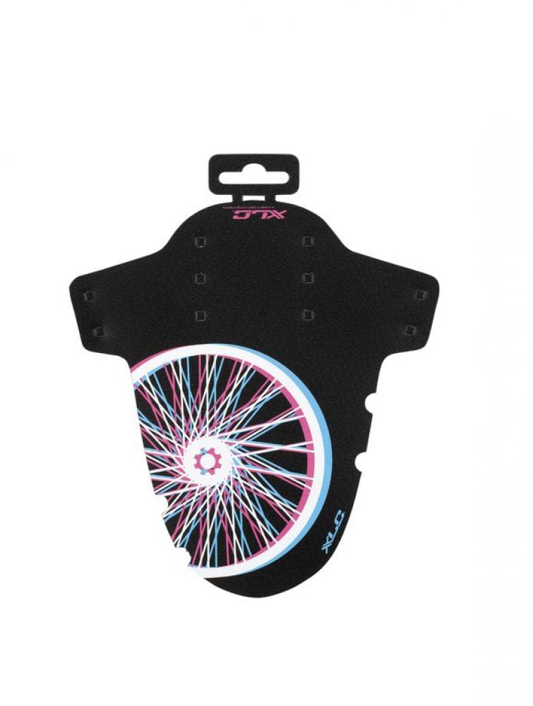 Schwarzes XLC Mini Vorderrad-Schutzblech mit pink-blauem Fahrradfelgen-Design.