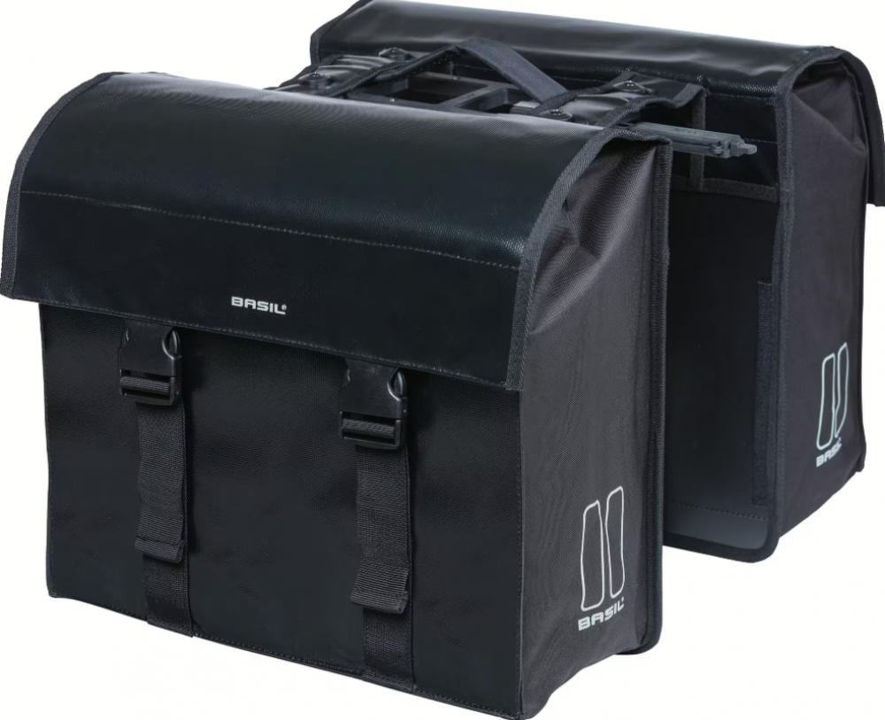 Schwarze Basil Urban Load MIK 2.0 Doppeltasche, wasserdicht, mit Adapterplatte und Reflexion, 48-53 Liter Volumen