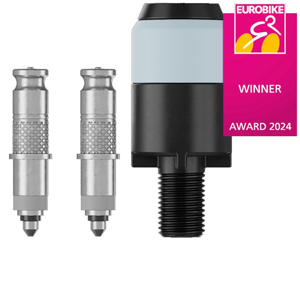 Schwalbe CLIK VALVE DV-SCV Umrüstset mit zwei Ventileinsätzen und Adapter für einfache Klick-Bedienung.