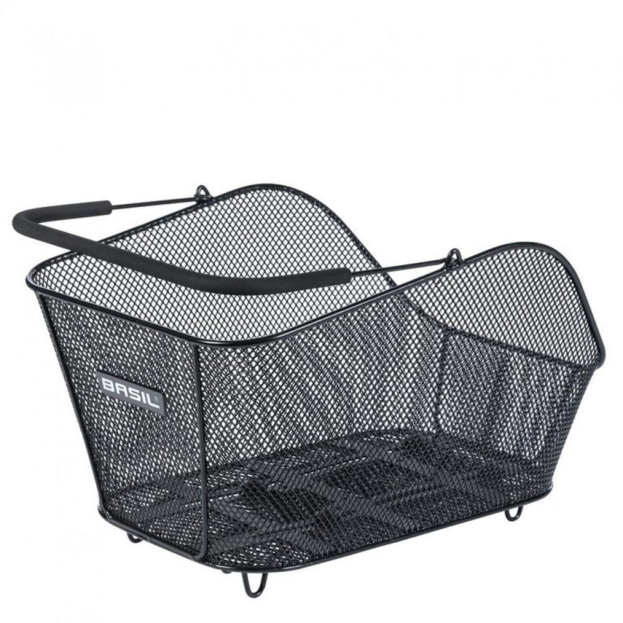 Schwarzer Basil Icon M MIK feingmaschiger Stahl-Hinterradkorb mit Soft-Grip-Henkel, bis 10kg Traglast.