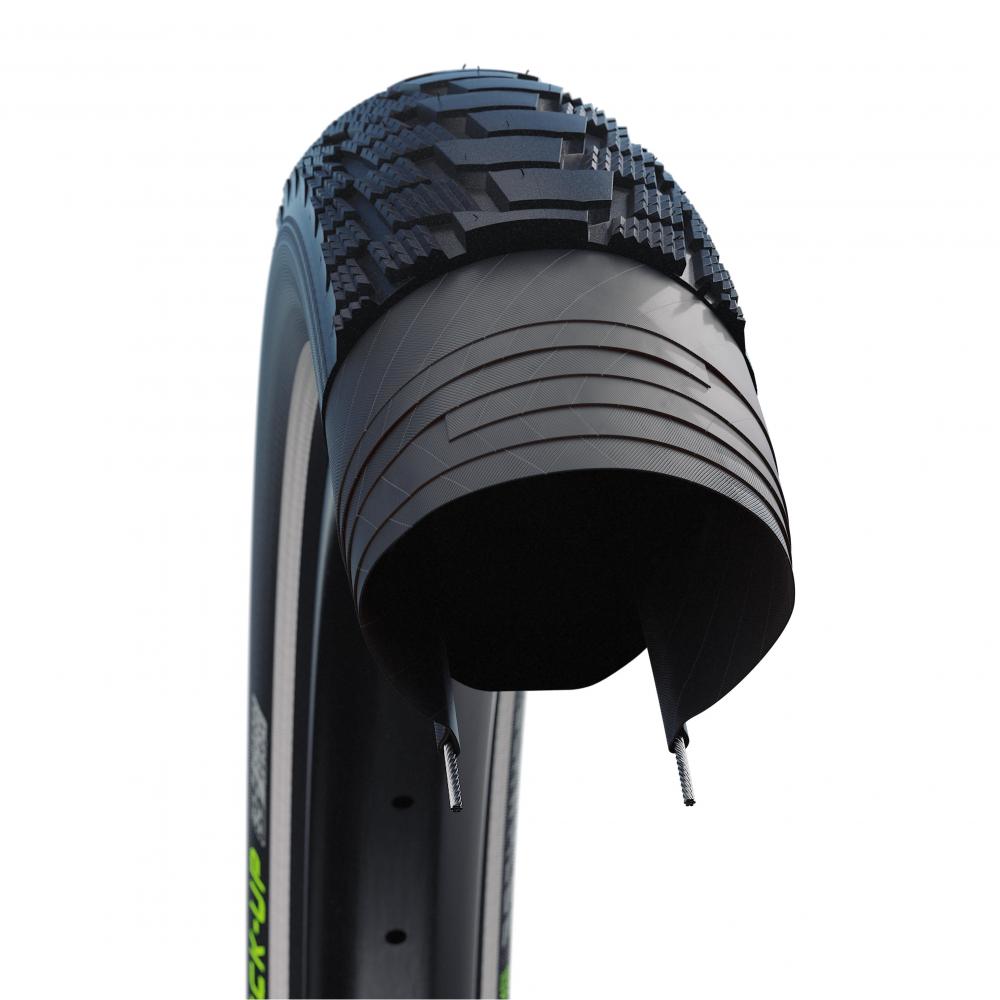 Schwalbe Pick-Up 16" E-Bike Fahrradreifen Querschnitt mit Super Defense Karkasse, Drahtreifen & Reflexstreifen.