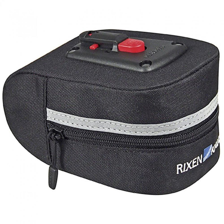 Schwarze KLICKfix Satteltasche Micro 100 mit Adapter, Reißverschluss, reflektierendem Streifen und RIXEN K-Logo.
