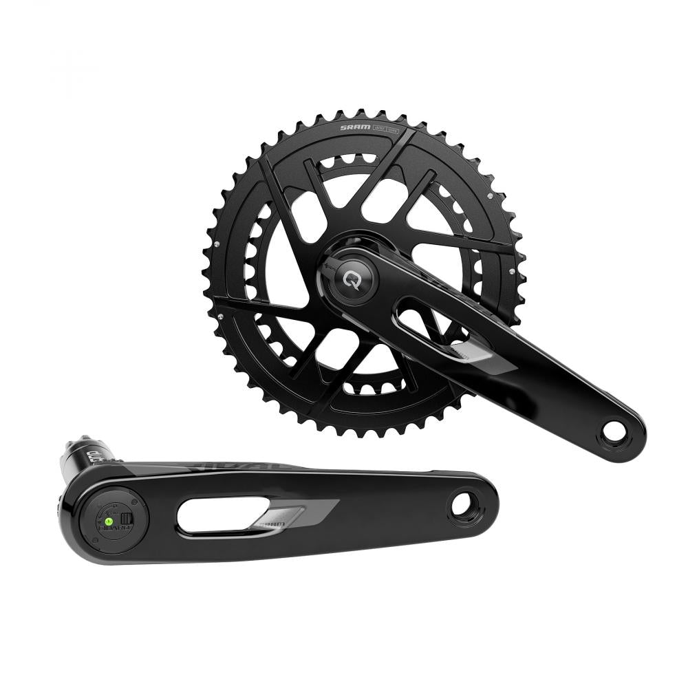 Schwarze SRAM Quarq Rival E1 Powermeter Kurbelgarnitur DUB Carbon Rennrad mit Leistungsmessung.