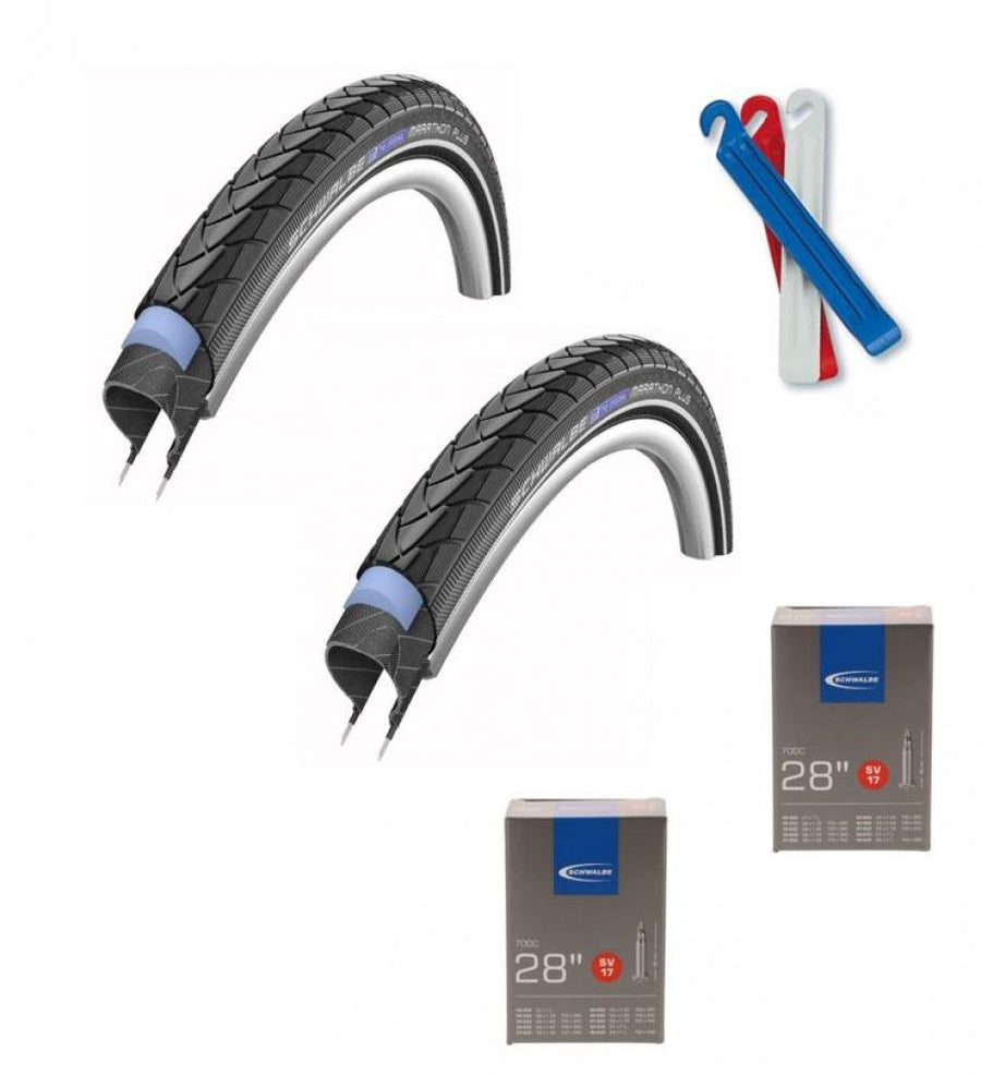 Schwalbe 2x Drahtreifen Marathon Plus 28x1.50 Zoll 40-622 2x Schwalbe Schlauch SV17 1x Zefal Reifenheber DP 20 3 Stück