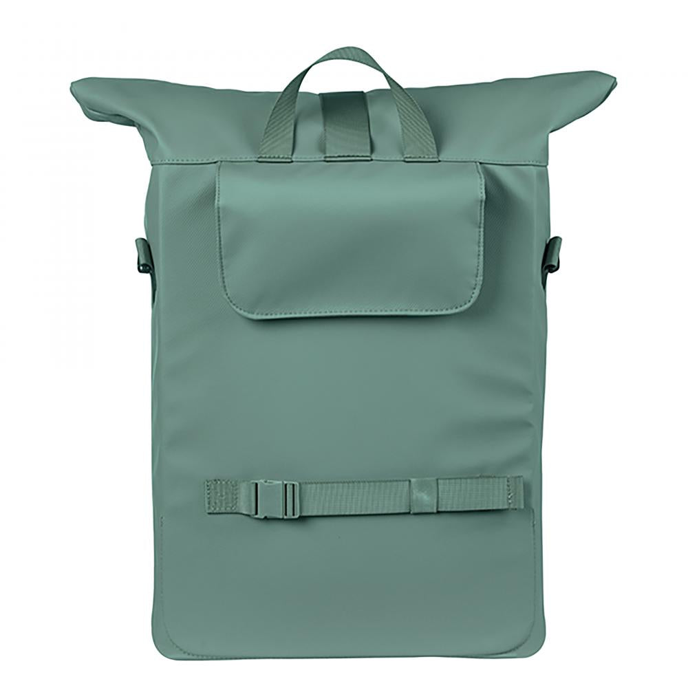 Grüne Basil Brooklyn MIK Fahrrad-Schultertasche 17L, wasserdicht, recyceltes PET, 16 Zoll Laptopfach.