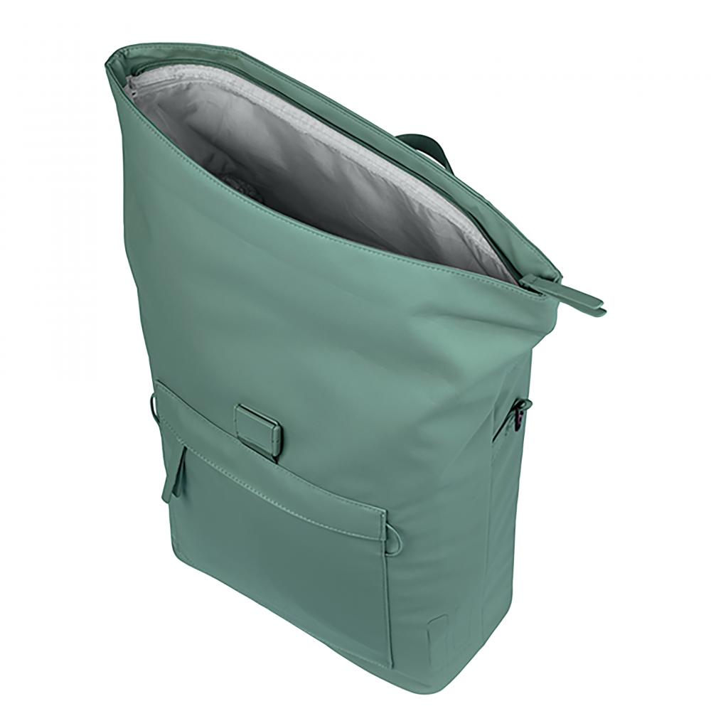 Offene Basil Brooklyn MIK Schultertasche 17L, mintgrün, wasserdicht, recyceltes PET, mit Laptopfach.