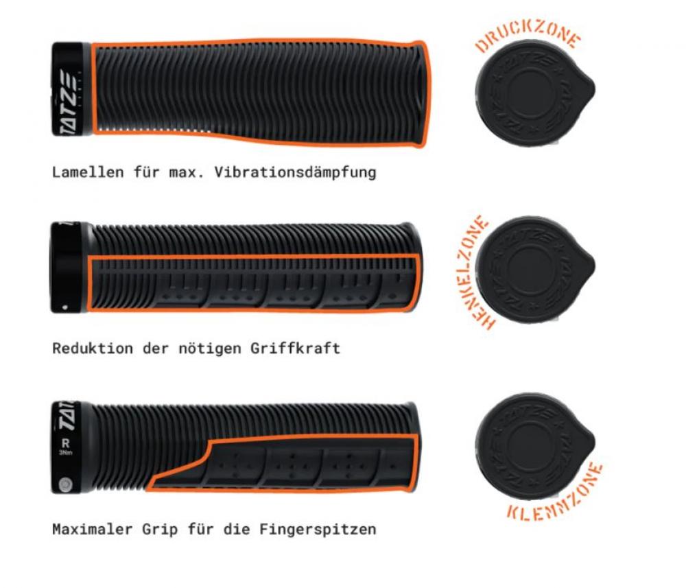 Tatze MTB SPORT GRIP schwarz, schraubbar. Zeigt Lamellen für Dämpfung, Reduktion der Griffkraft, Fingertip-Grip.