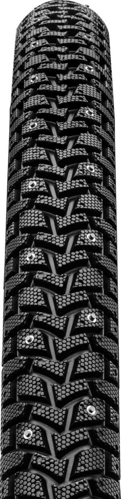 Continental Conti Contact Spike 120 Fahrradreifen mit schwarzem Reifenprofil, Wabenstruktur und silbernen Metallspikes.