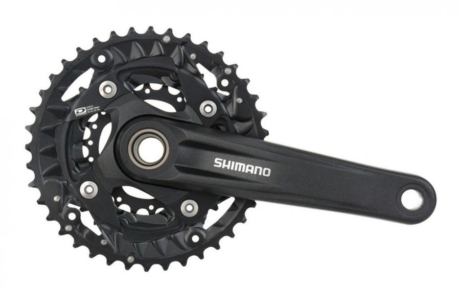 Schwarze Shimano Kurbelgarnitur MT500 mit 40/30/22 Zähnen, 175mm, robuste 3-fach MTB-Kurbel.