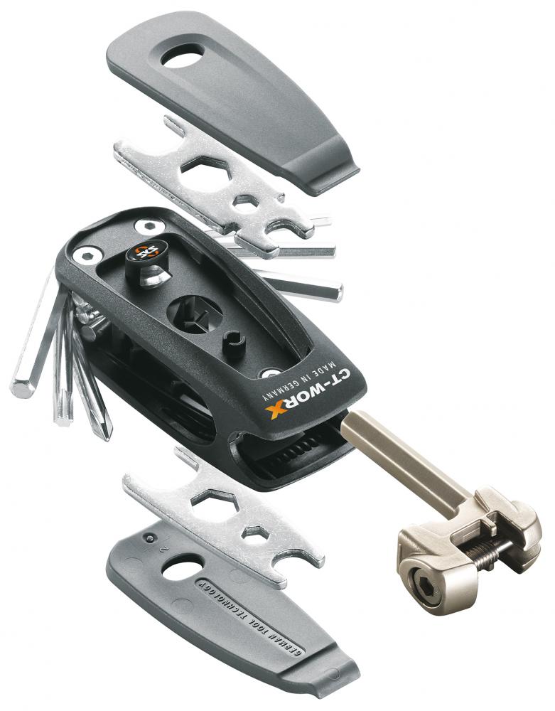 SKS Germany Multitool CT-Worx 20 Funktionen - Kompaktes Fahrradwerkzeug mit Innensechskant, Torx, Schraubendrehern, Kettennieter und Speichenschlüssel für unterwegs