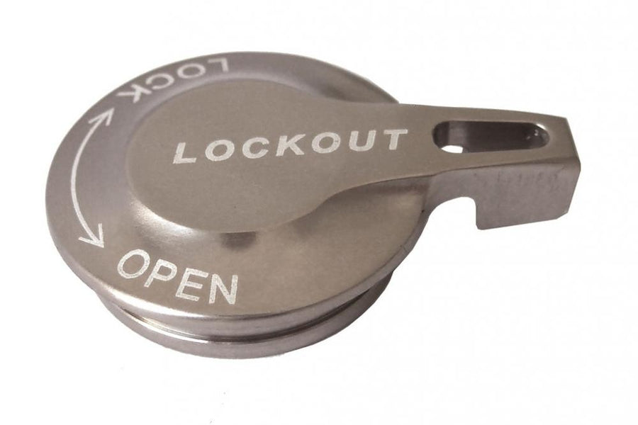 SR Suntour LO Drehdeckel für SF15/17 Aion LO-R Federgabel, silber mit LOCKOUT/OPEN Beschriftung.
