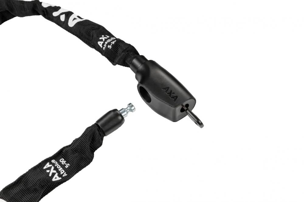AXA Kettenschloss Absolute 5-90, 90 cm, sicheres Fahrradschloss mit Click-In-Funktion, offen gezeigt mit Schlüssel.