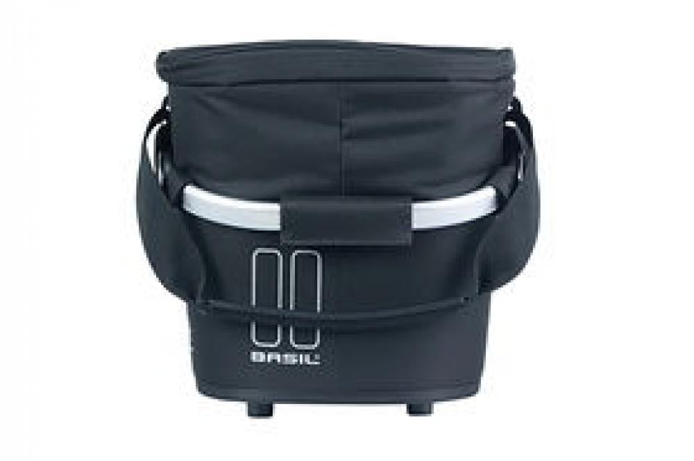 Schwarzer isolierter Basil Classic Carry All ISO MIK Hinterradkorb mit 18 Litern Volumen und MIK-Adapterplatte.