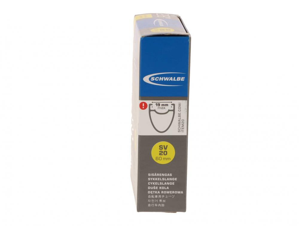 Schwalbe Schlauch SV20, extra lang 60mm Ventil, 28 Zoll Fahrradreifen, für max. 19mm Felgen.